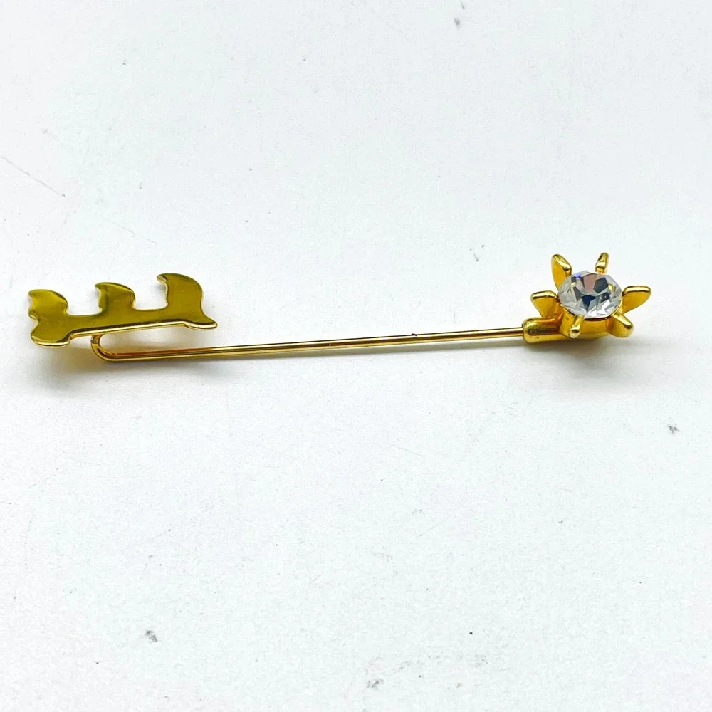 Vintage Letter E Stick Pin Gold Tone Clear Rhinestone Flower Initial Lapel